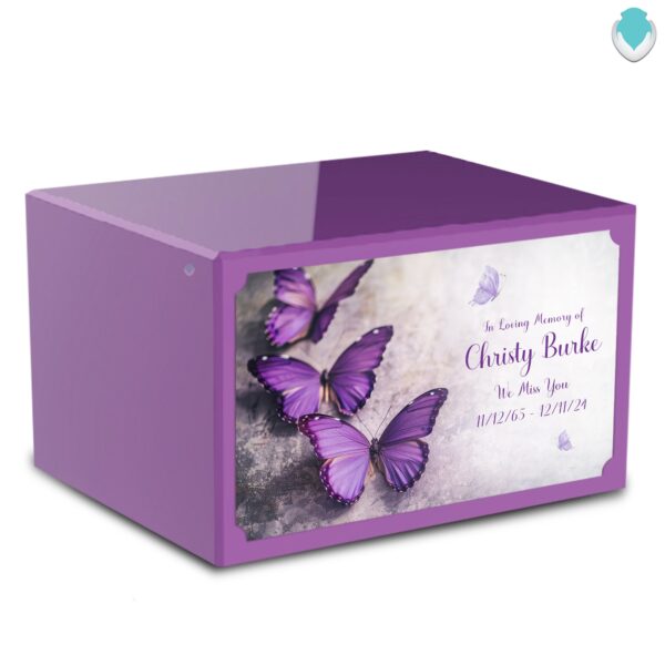 Custom Printed Heritage Purple Butterflies Wood Box Cremation Urn - Image 3