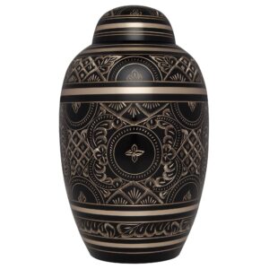 Black Cremation Urn for Human Ashes with Gold Engraving - Hand Made in Brass - Suitable for Cemetery Burial or Niche