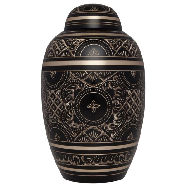 Black Cremation Urn for Human Ashes with Gold Engraving - Hand Made in Brass - Suitable for Cemetery Burial or Niche