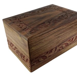 Wooden Urn Box - Urn for Human Ashes Funeral Cremation Urn with Hand Carved Design (Small)