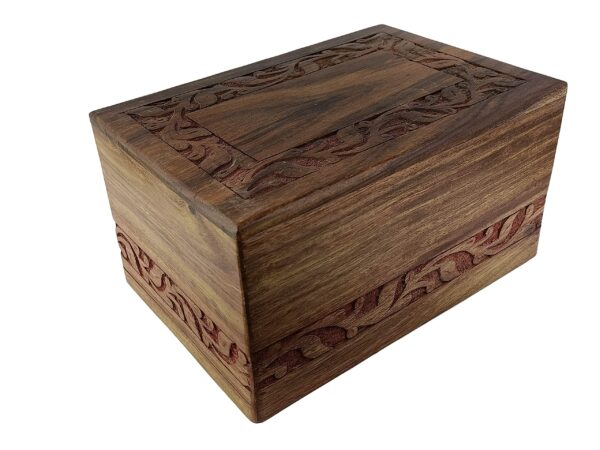 Wooden Urn Box - Urn for Human Ashes Funeral Cremation Urn with Hand Carved Design (Small)
