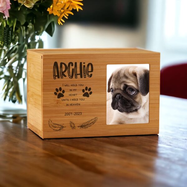ukgiftstoreonline Personalised Wooden Dog Memorial Cremation Urn with Photo Heaven Quote - Image 3