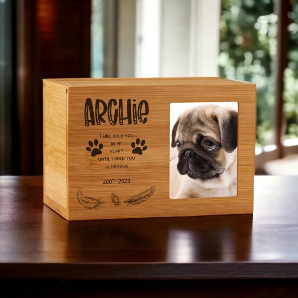 ukgiftstoreonline Personalised Wooden Dog Memorial Cremation Urn with Photo Heaven Quote - Image 2