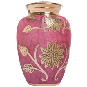 Pink Flower Funeral Urn by Liliane Memorials - Cremation Urn for Human Ashes - Brass - Suitable for Cemetery Burial or Niche - Rose Lisette Model - Large Size fits Remains of Adults up to 200 lbs