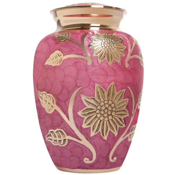 Pink Flower Funeral Urn by Liliane Memorials - Cremation Urn for Human Ashes - Brass - Suitable for Cemetery Burial or Niche - Rose Lisette Model - Large Size fits Remains of Adults up to 200 lbs