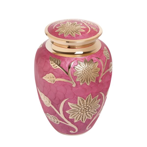Pink Flower Funeral Urn by Liliane Memorials - Cremation Urn for Human Ashes - Brass - Suitable for Cemetery Burial or Niche - Rose Lisette Model - Large Size fits Remains of Adults up to 200 lbs - Image 3