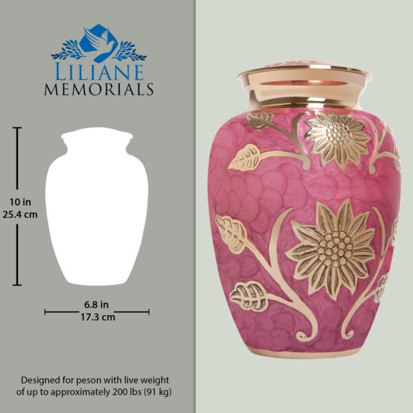 Pink Flower Funeral Urn by Liliane Memorials - Cremation Urn for Human Ashes - Brass - Suitable for Cemetery Burial or Niche - Rose Lisette Model - Large Size fits Remains of Adults up to 200 lbs - Image 2