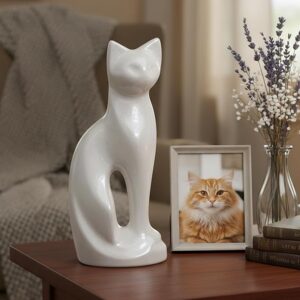 ESPLANADE- Cat Kitten Shape Cremation urn | Memorial Human Ashes Container Jar Pot | Burial Funeral Urns | White- Size - 9 inches