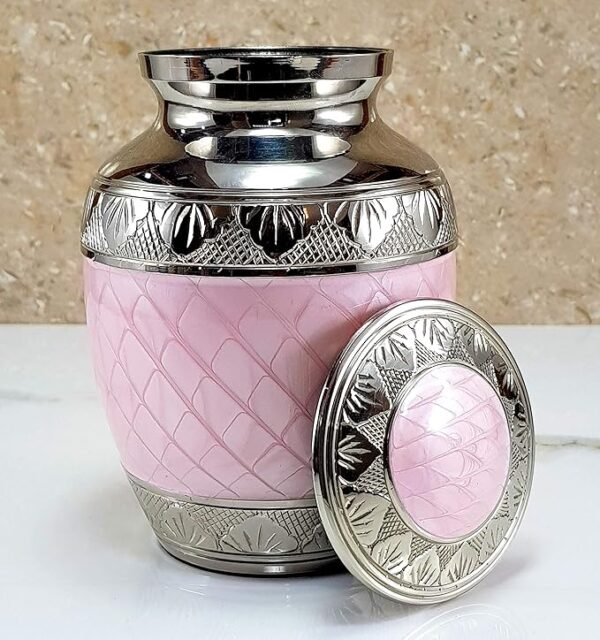 ESPLANADE Brass Cremation Urn Keepsake Memorial Human Ashes Container Jar Pot | Burial Funeral Urns | Pink Silver - 6" Inches (Medium Size) - Image 4