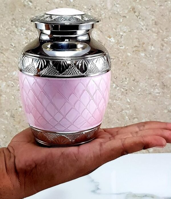 ESPLANADE Brass Cremation Urn Keepsake Memorial Human Ashes Container Jar Pot | Burial Funeral Urns | Pink Silver - 6" Inches (Medium Size) - Image 3