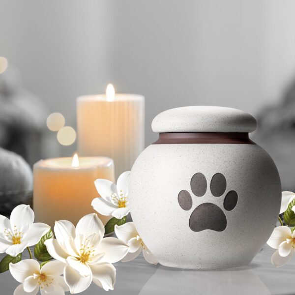 Small Pet Urn for Ashes - Gray-White Ceramic Paw Design Keepsake, Cloth-Lined Pet Cremation Urn for Cats & Dogs, 13.5 fl oz Pet Loss Sympathy Gift - Image 2