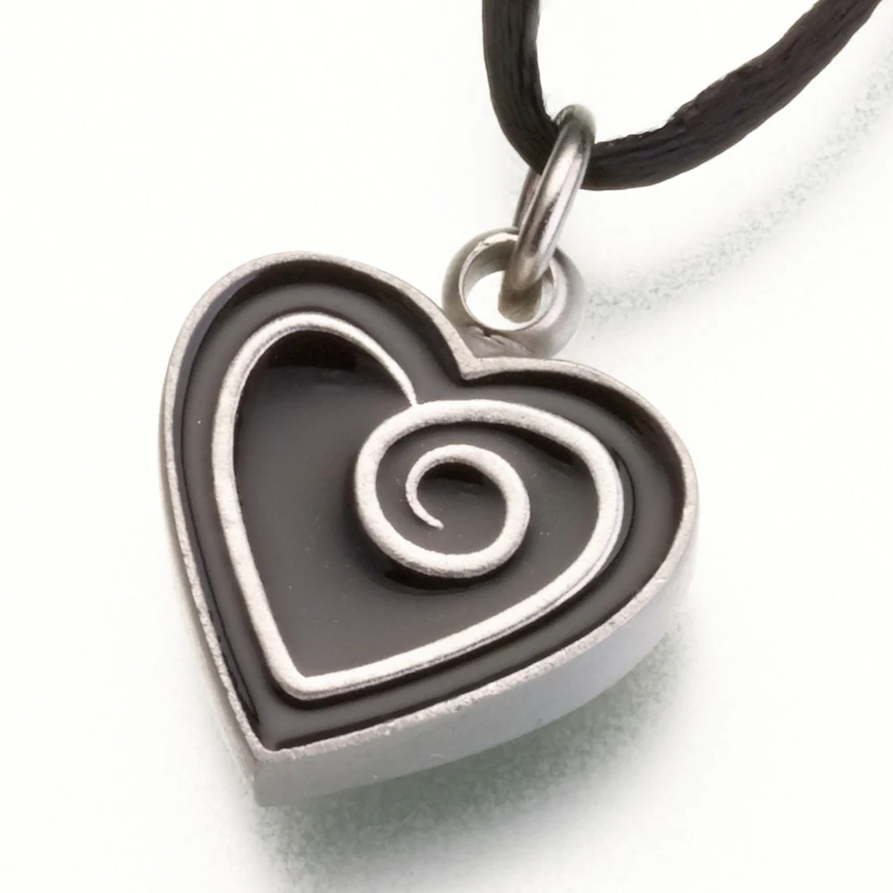 pewter heart pendant w/ black enamel spiral cremation jewelry pewter heart pendant w/ black enamel spiral cremation jewelry