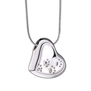 leaning heart with paw prints two tone rhodium plated sterling silver cremation pendant