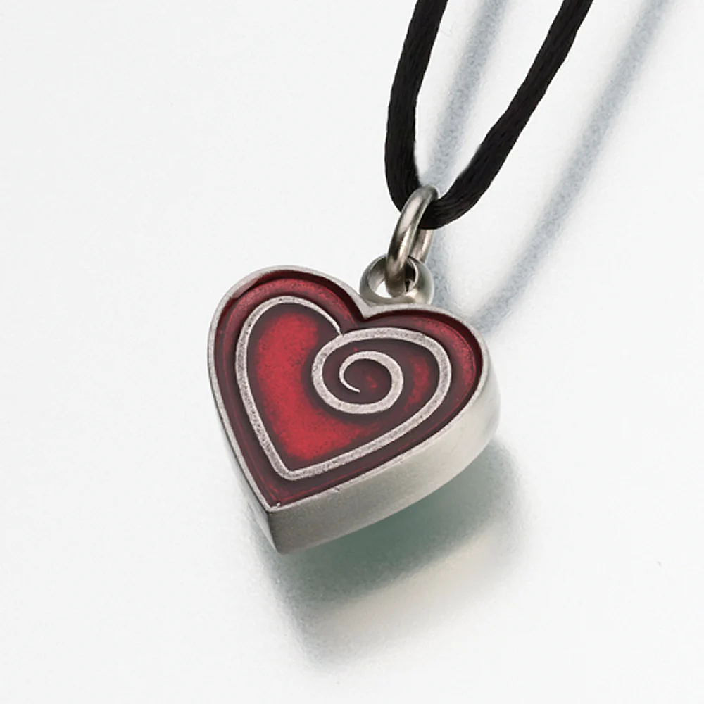 pewter heart pendant w/ red enamel spiral cremation jewelry pewter heart pendant w/ red enamel spiral cremation jewelry